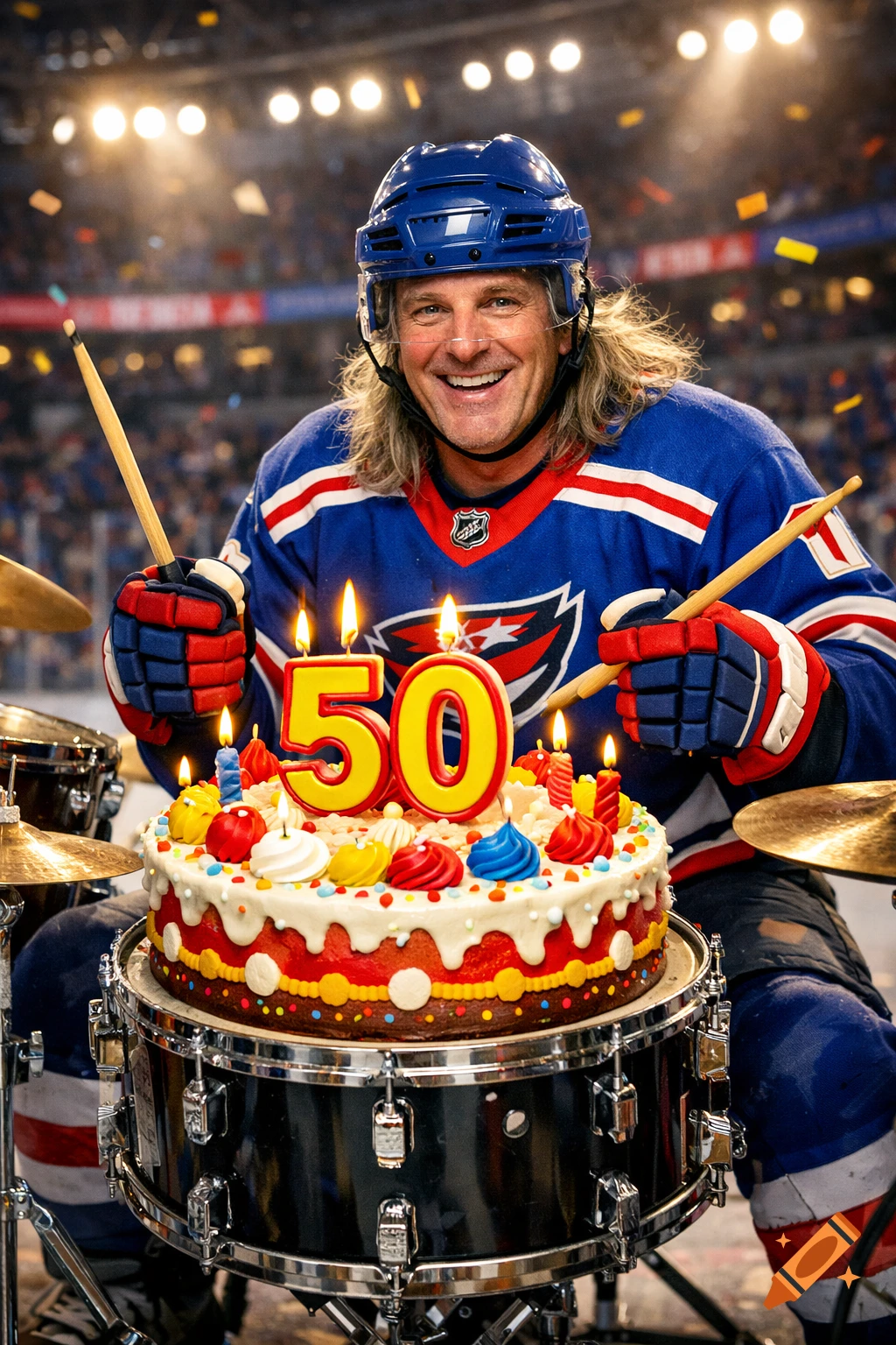 Smiling man with long hair in a hockey uniform holding drumsticks, with a birthday cake marked '50' on a drum in an arena.