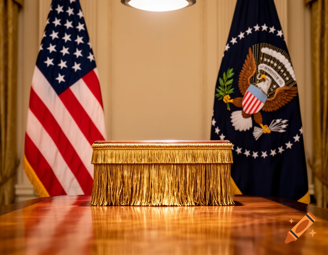 A formal room with a shiny wooden table, a golden fringed podium, the American flag, and the Presidential Seal flag.