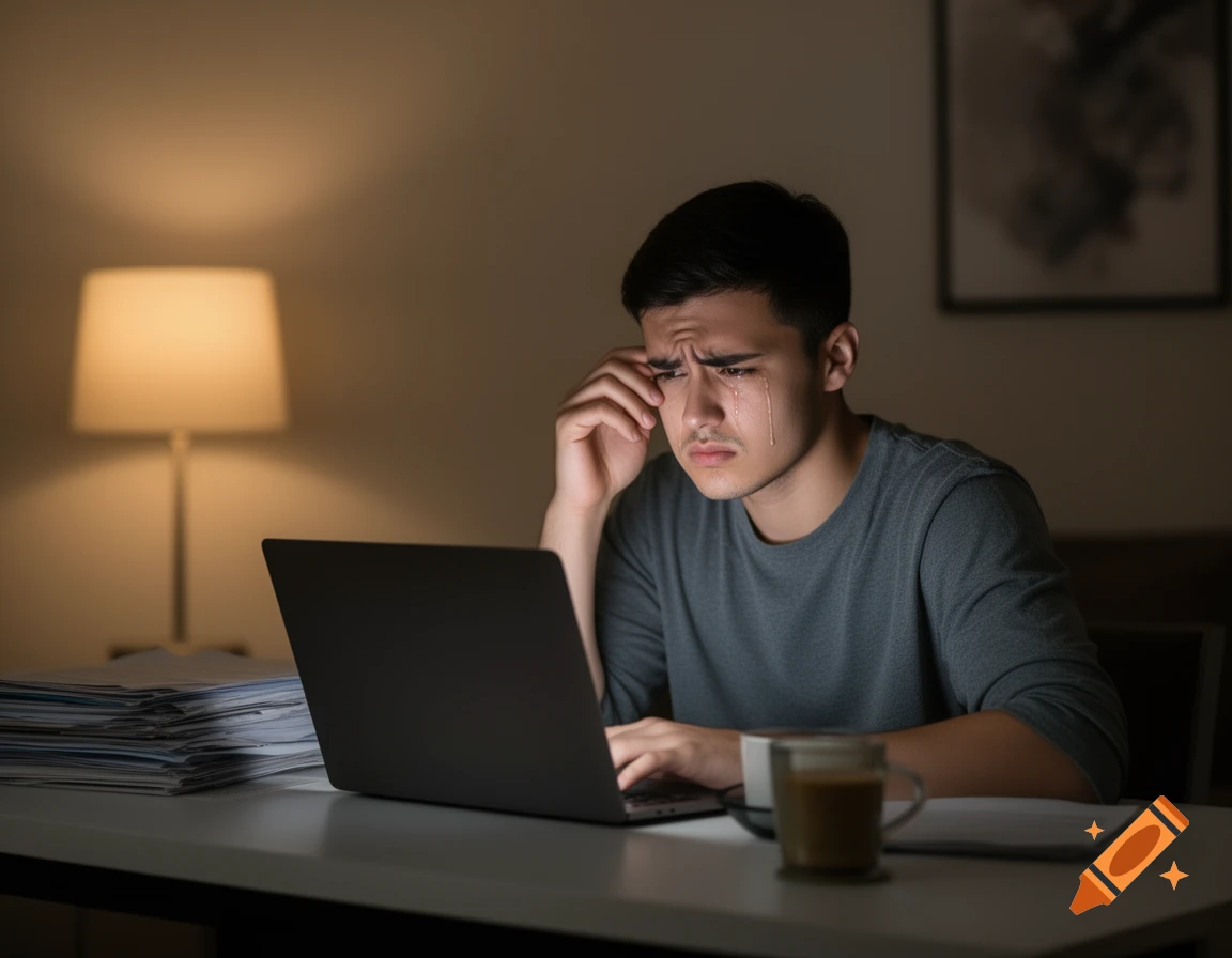 A young man with dark hair crying while looking at his laptop, illuminated by a lamp in a dark room.