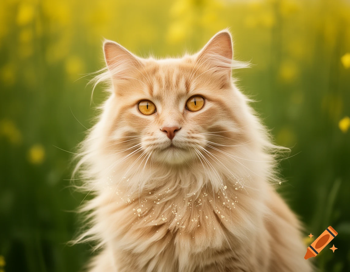 Close-up of a fluffy orange-cream cat with amber eyes, sitting in a sunny field of yellow flowers and green foliage.