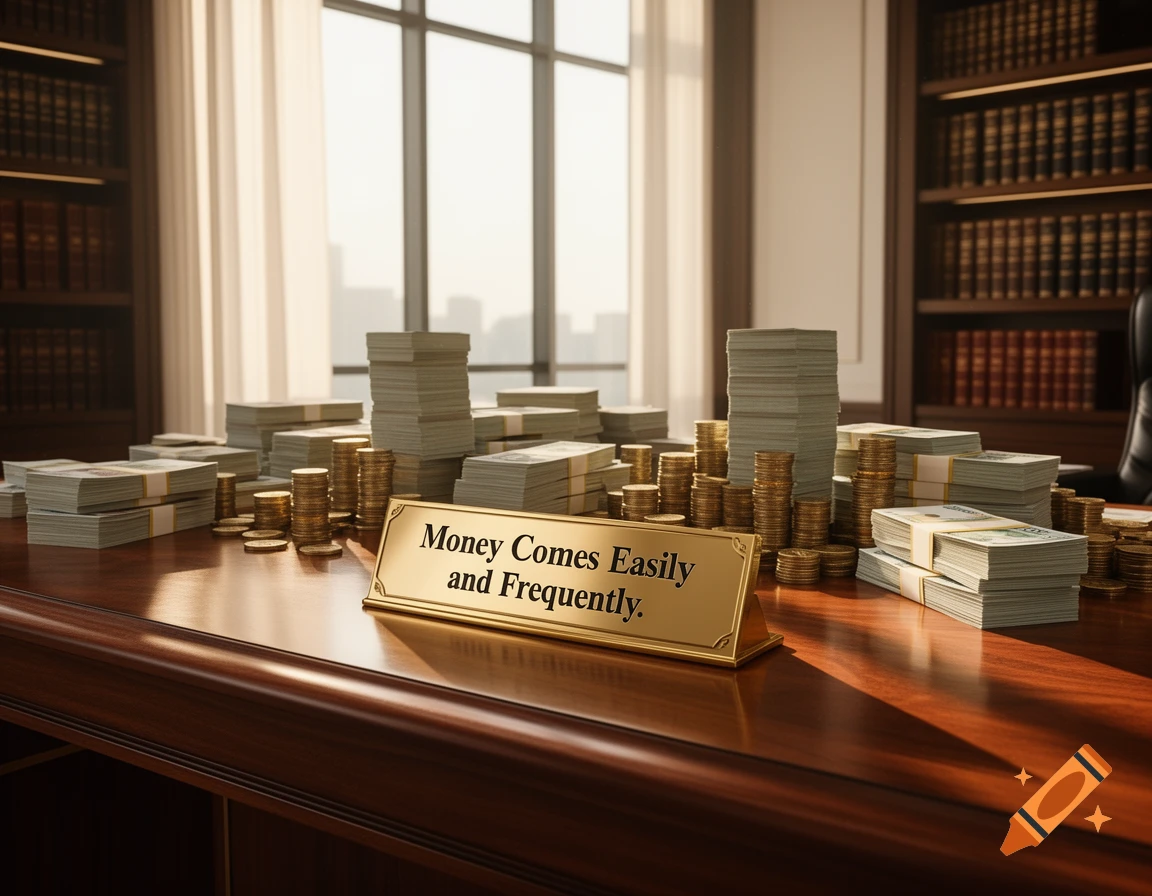 Stacks of cash and coins are neatly arranged on a polished wooden desk in a sunlit office, with a golden plaque reading "Money Comes Easily and Frequently".