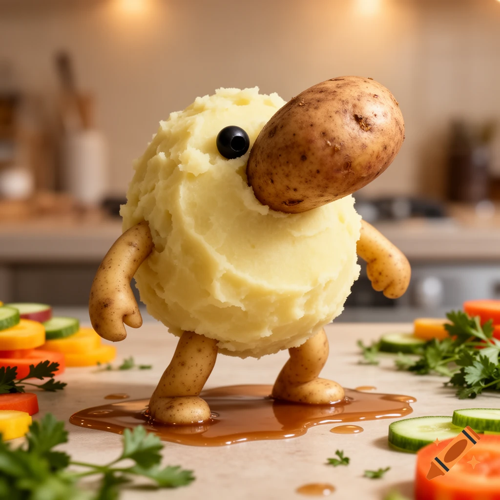 A photorealistic whimsical mashed potato creature with potato limbs and a potato nose stands in gravy on a kitchen counter surrounded by sliced vegetables.