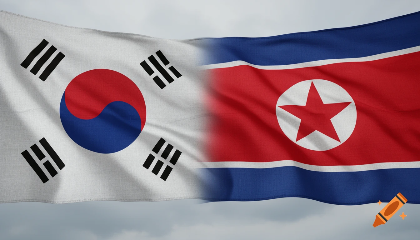 The South Korean flag and North Korean flag are merged with a fabric texture and folds against a cloudy sky.