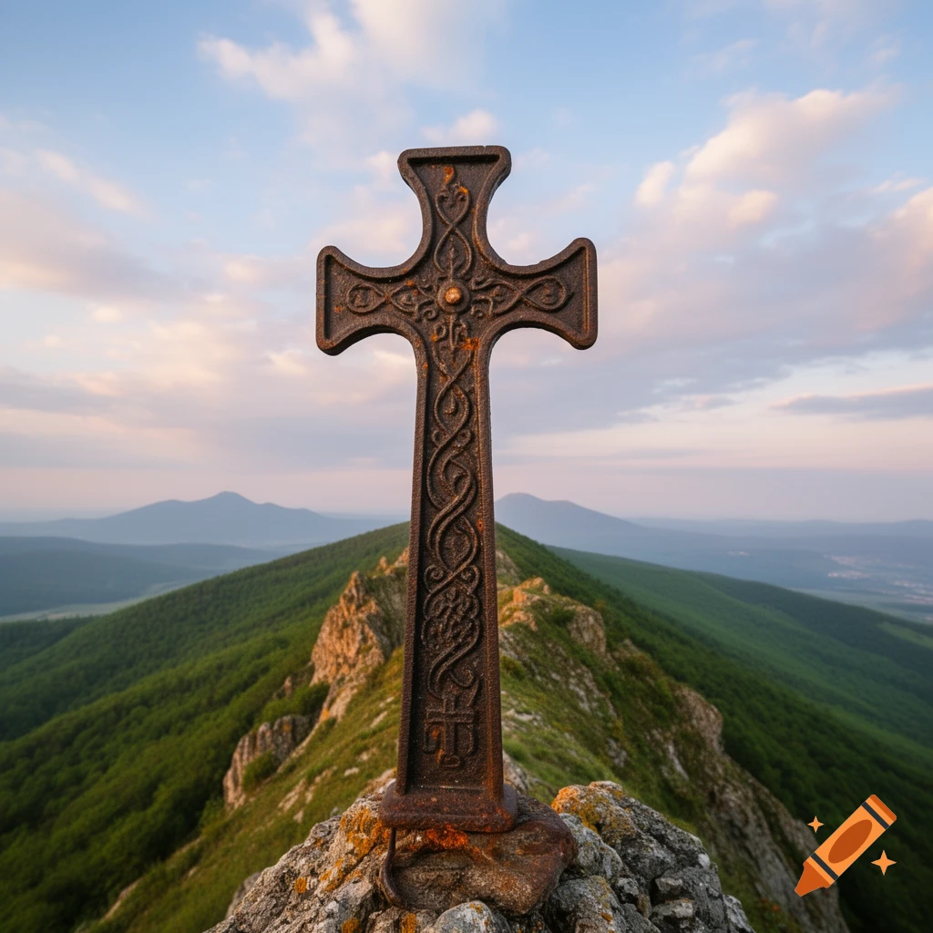 A weathered metal cross with intricate Celtic knot patterns stands on a rocky mountain peak overlooking a vast green landscape under a twilight sky.
