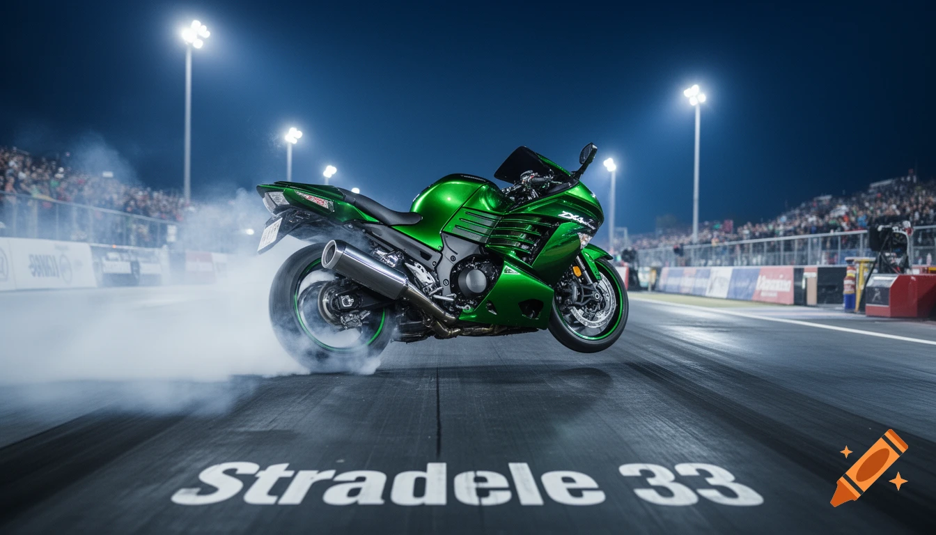 A vibrant green motorcycle performs a smoky burnout on a drag strip at night with stadium lights and spectators in the background.
