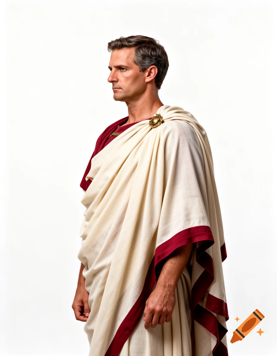 Photorealistic portrait of a man dressed as a Roman senator, standing in profile against a white background.