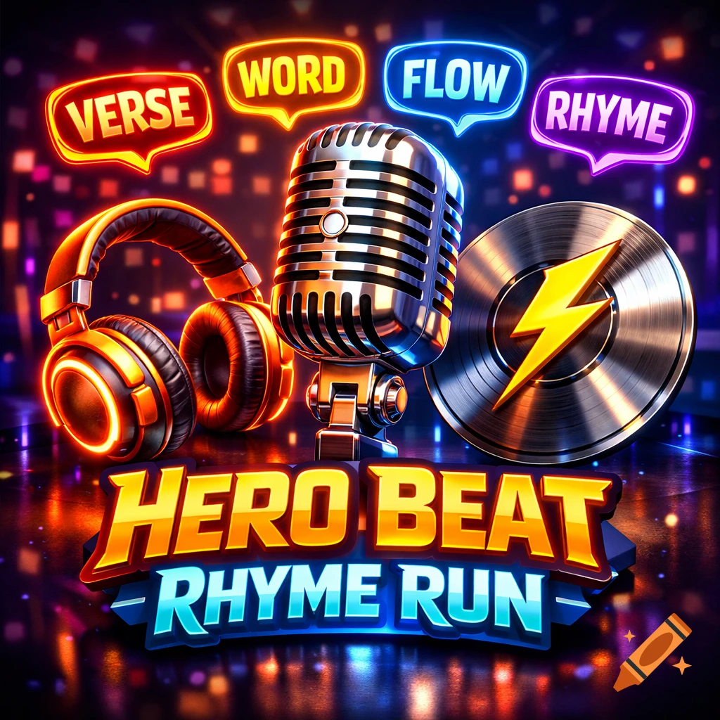 A vibrant 3D rendered game logo featuring a chrome microphone, headphones, a lightning bolt record, and neon text bubbles VERSE, WORD, FLOW, RHYME, HERO BEAT, RHYME RUN.