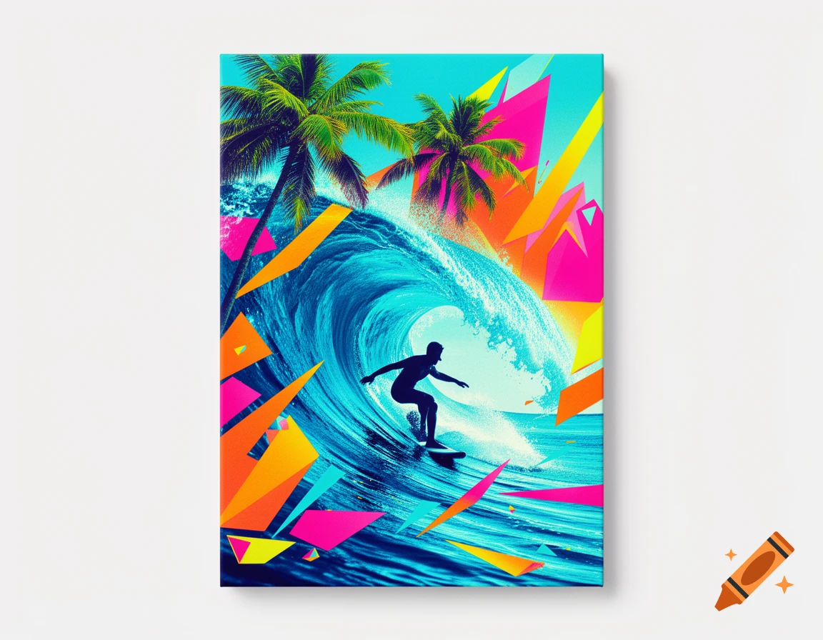 Silhouette of a surfer on a wave, flanked by palm trees and abstract geometric shapes in vibrant 80s fluorescent colors.
