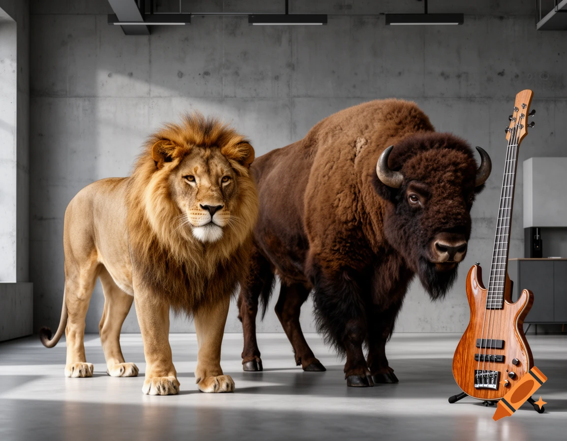 A male lion and an American bison stand in a modern grey room next to a wooden bass guitar on a stand. Photorealistic.