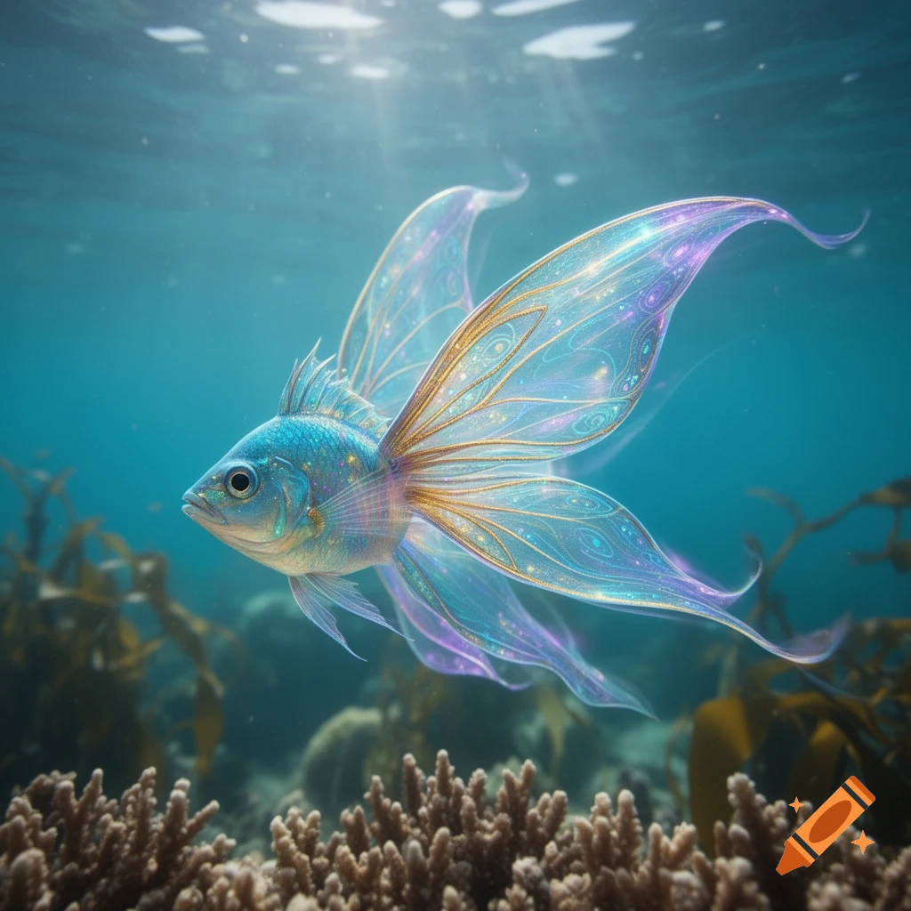 A colorful fish with glowing, translucent, fairy-like wings swims gracefully in a vibrant underwater coral reef.