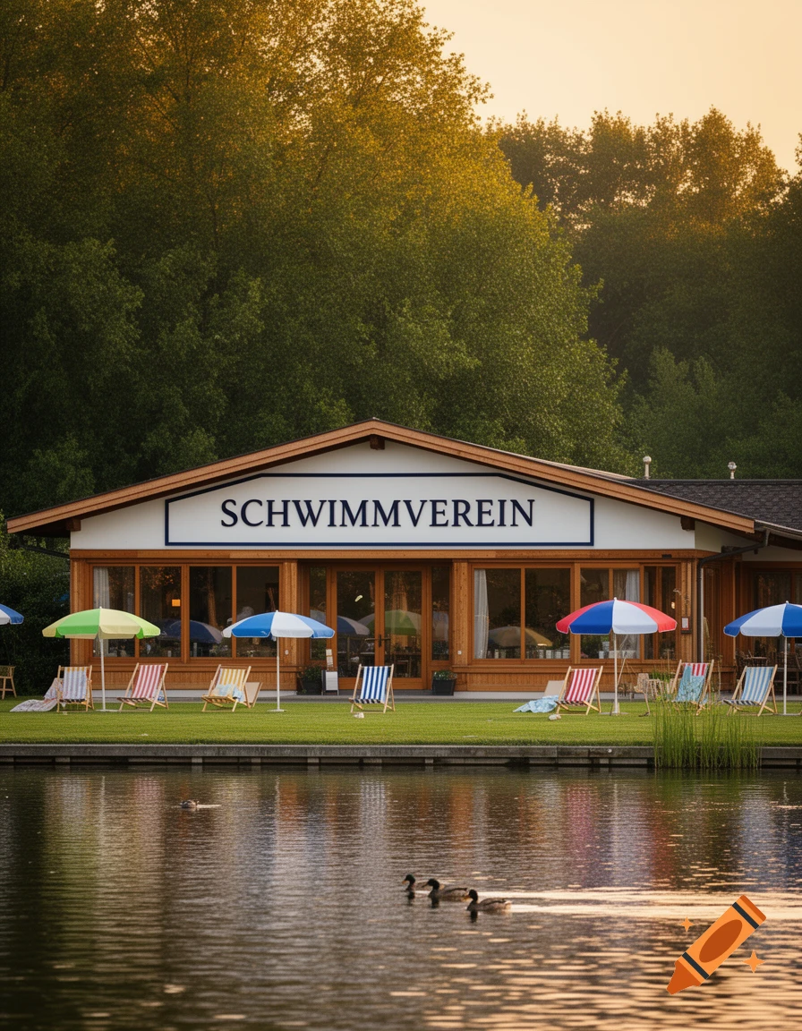 A building labeled 'SCHWIMMVEREIN' with beach chairs and umbrellas sits by a lake with ducks, under a warm, golden sky.