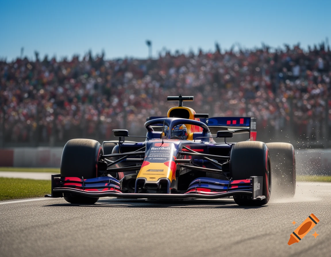 A photorealistic red and blue Formula 1 race car, featuring Red Bull branding, speeds on a track with a blurry crowd in the background.