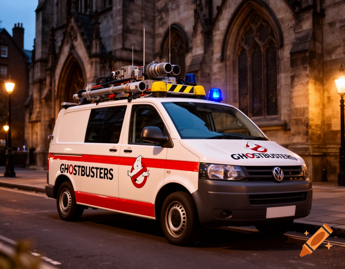 A white Volkswagen T5 van designed as the Ghostbusters car with its logo and text, parked on a city street at dusk.