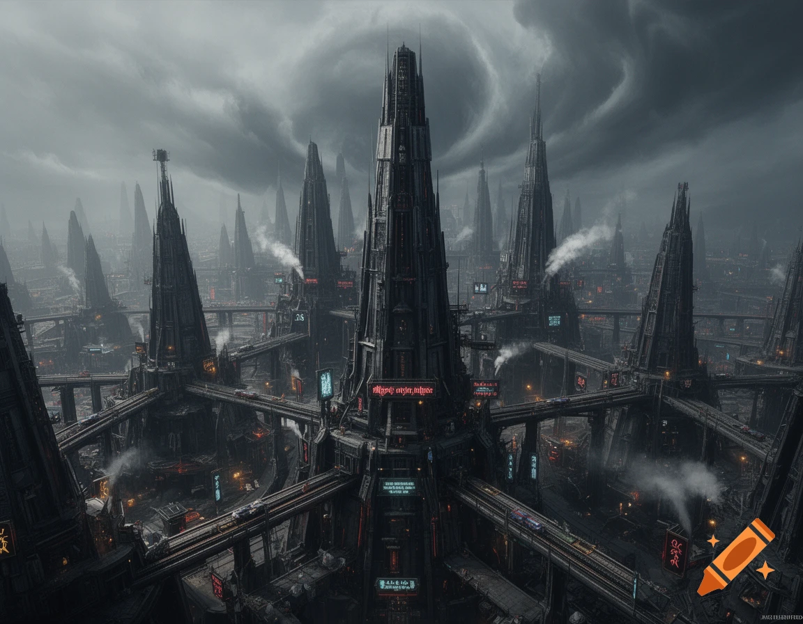 A vast, dark, futuristic hive city with towering gothic skyscrapers, elevated transport, and smoke under a stormy, swirling sky.