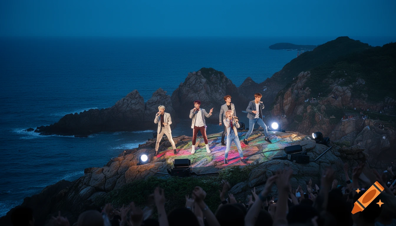 A K-pop band performs a concert on a rocky cliff at dusk, overlooking the ocean with stage lights illuminating the stage and an audience.