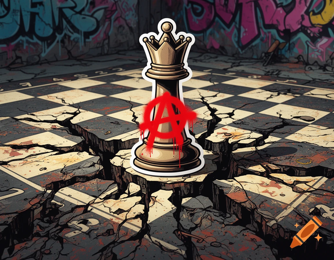 A king chess piece with a red anarchy symbol spray-painted on it stands on a cracked chessboard with graffiti in the background, in a pop graphic art style.