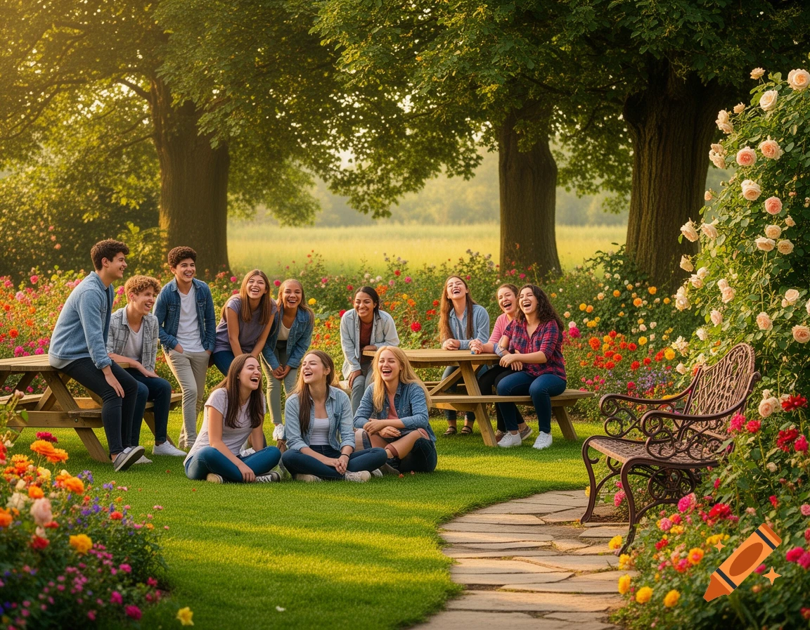 Group of diverse young students laughing and relaxing in a sunny garden with lush trees and colorful flowers, photorealistic style.