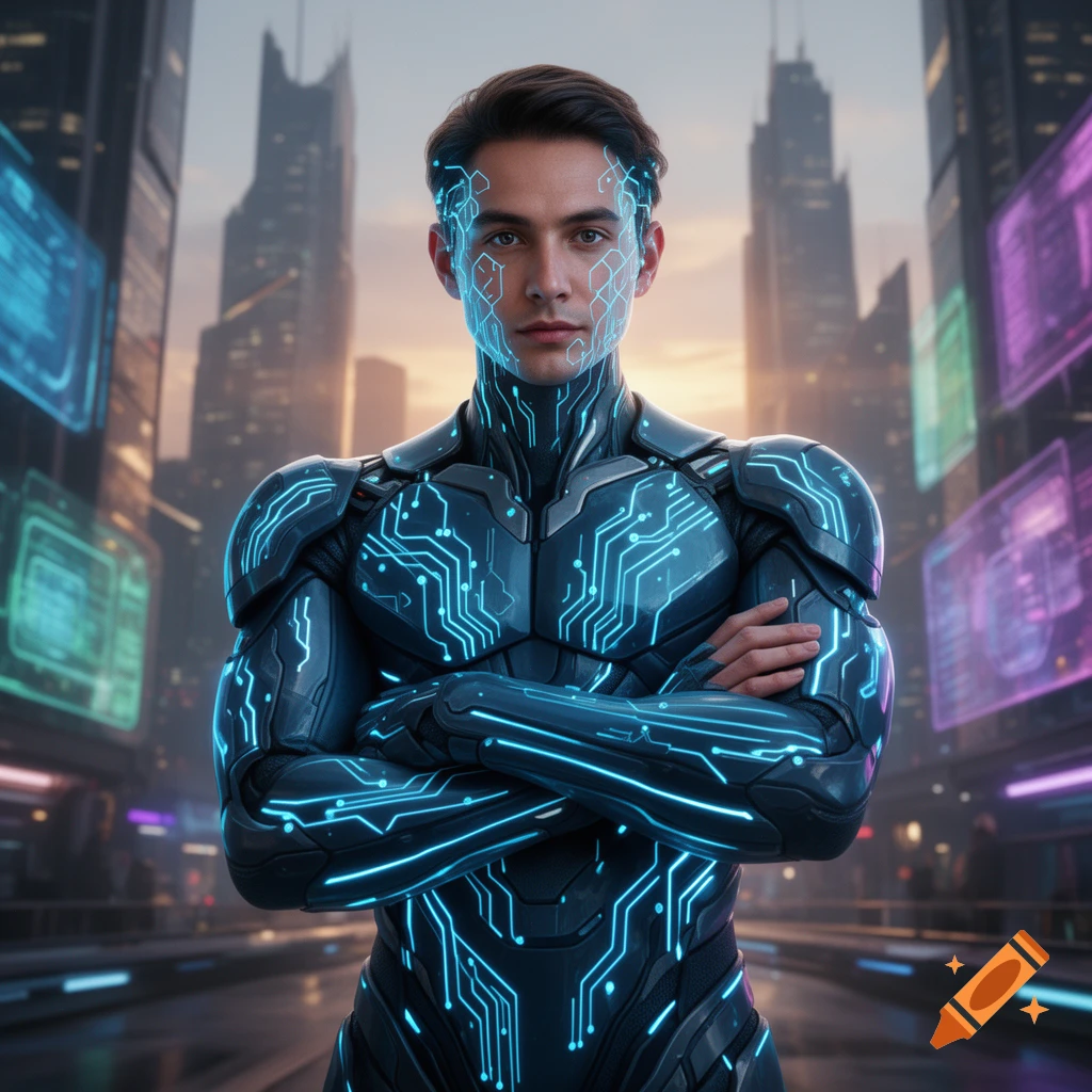 A man in a black futuristic suit with glowing blue circuit patterns ...