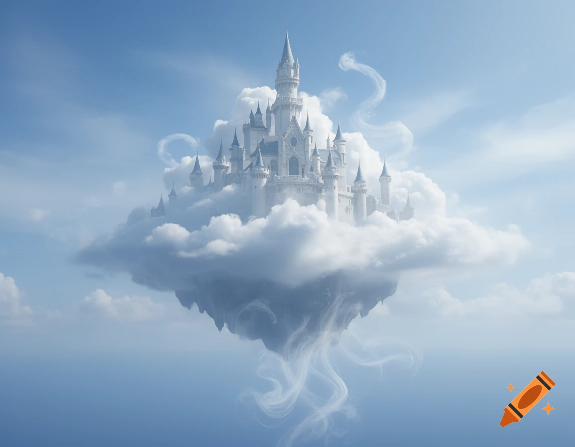 A majestic white fantasy castle with spires floats on a vibrant cloud island in a clear blue sky, with mystical mist trailing below.
