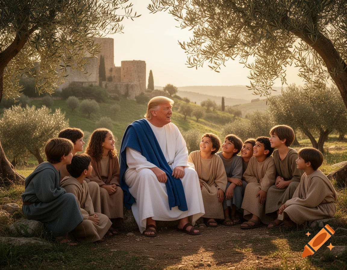 Donald Trump, dressed in white and blue biblical robes, sits on the ground surrounded by smiling children in an olive grove with ancient stone buildings in the background.