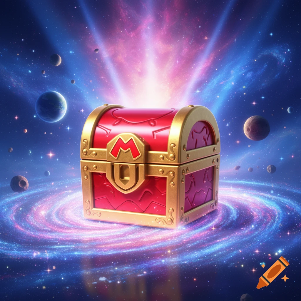 A red and gold treasure chest with a prominent "M" symbol sits on a swirling galaxy, surrounded by planets and glowing light.
