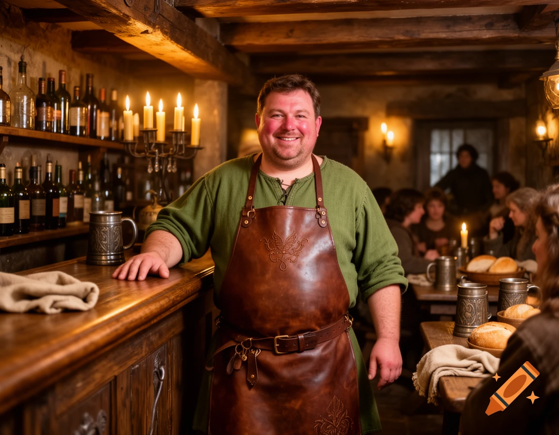A smiling medieval tavern keeper in a brown apron stands behind a wooden bar in a dimly lit, cozy tavern.