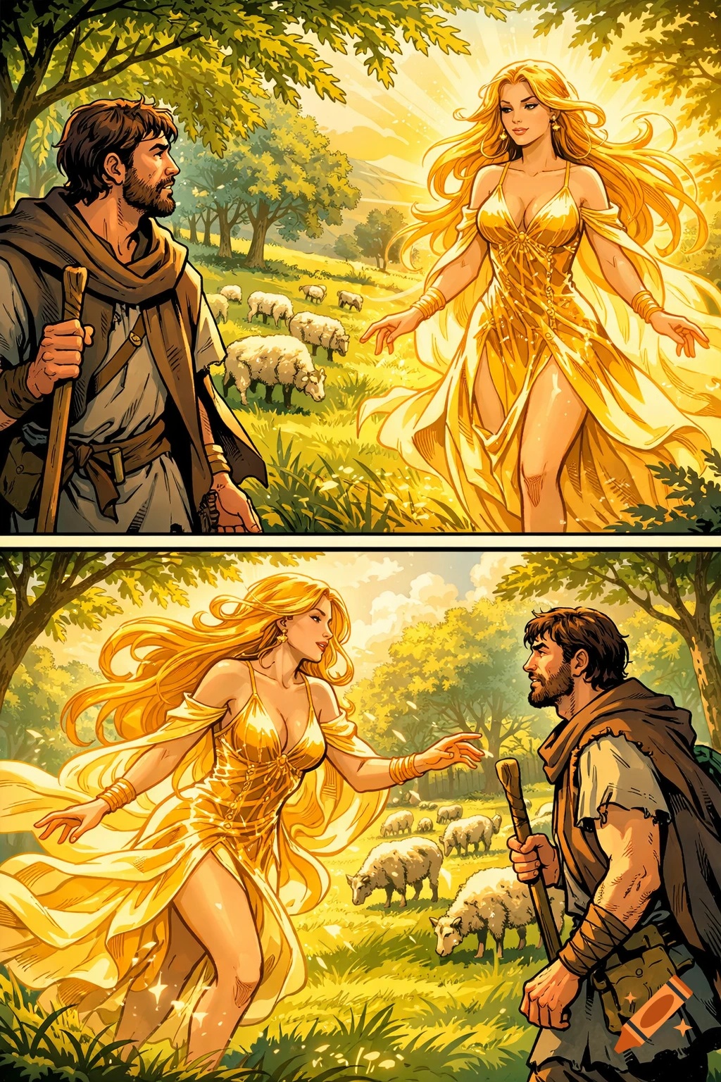 Comic book art of a bearded shepherd in a field with sheep, looking at a radiant goddess in a flowing golden dress.
