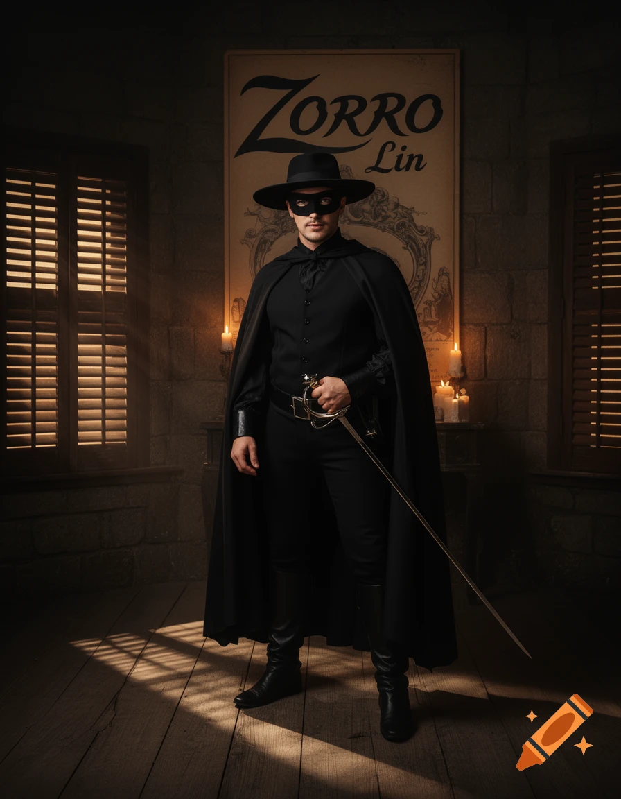 A man in a Zorro costume, complete with a black hat, mask, and cape, holds a sword in a dimly lit room. A poster behind him reads "ZORRO Lin".
