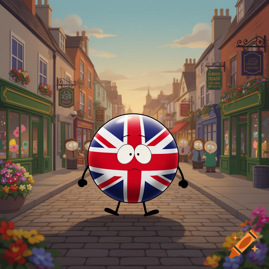 A worried United Kingdom countryball character, in South Park style, walks down a cobblestone street lined with shops.