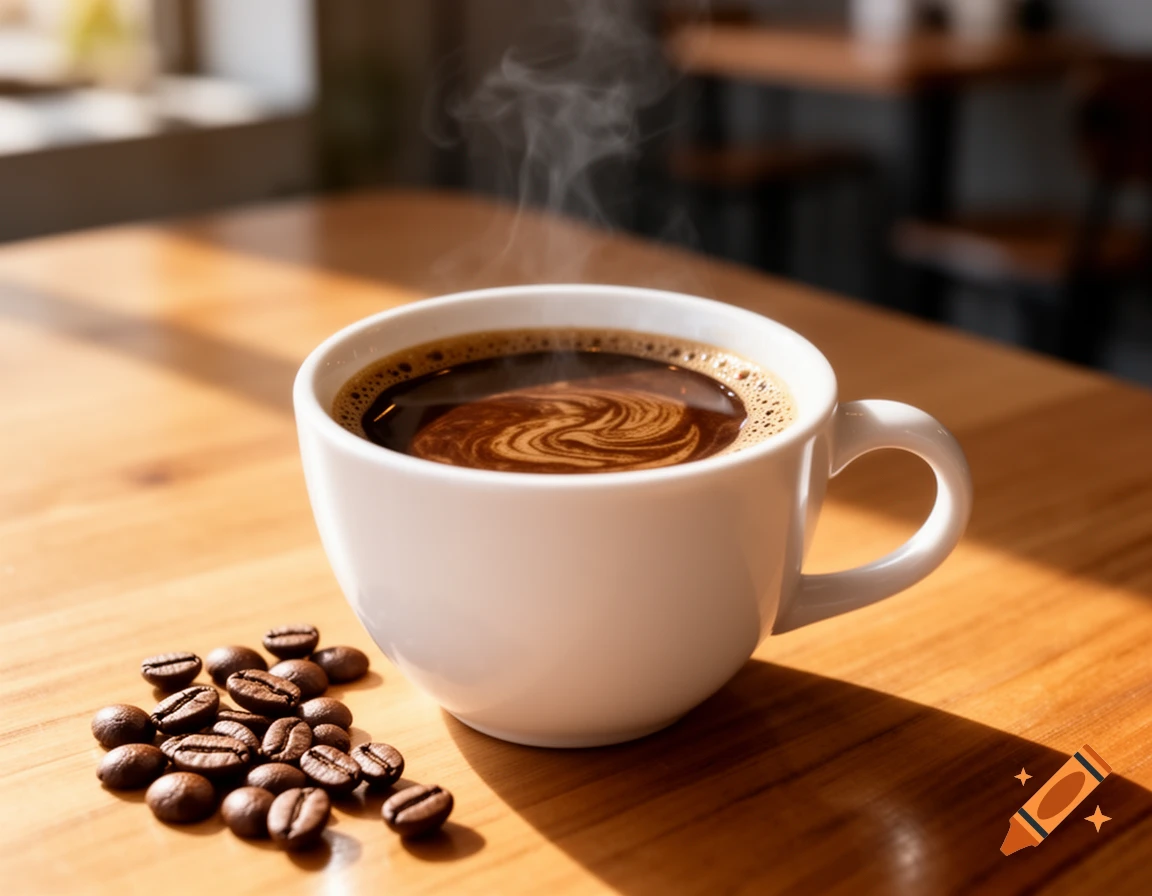 A steaming cup of black coffee with a swirl design and scattered coffee beans on a sunlit wooden table in a cafe.