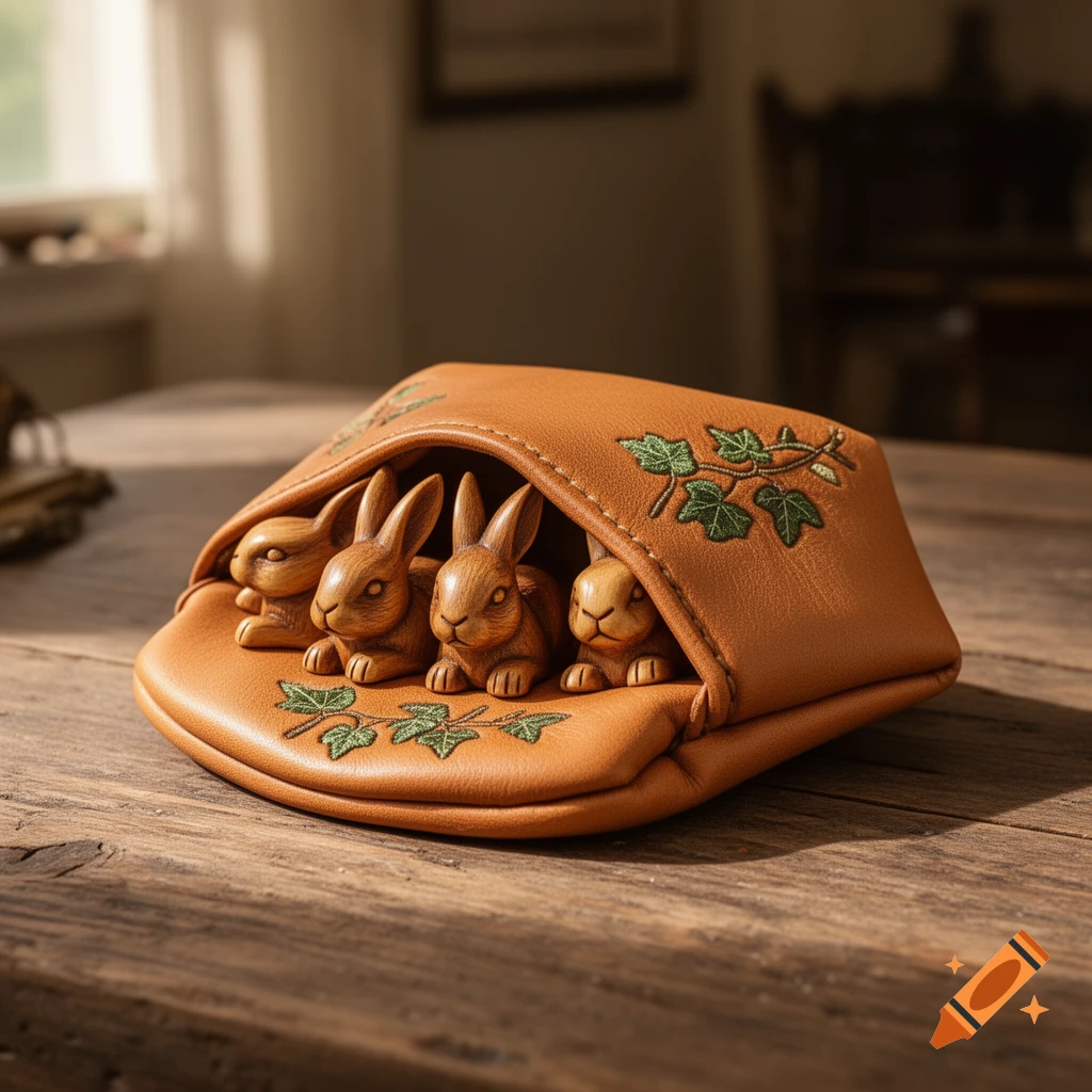 Four small wooden rabbit figurines peeking out of an embroidered brown leather pouch on a rustic wooden table.