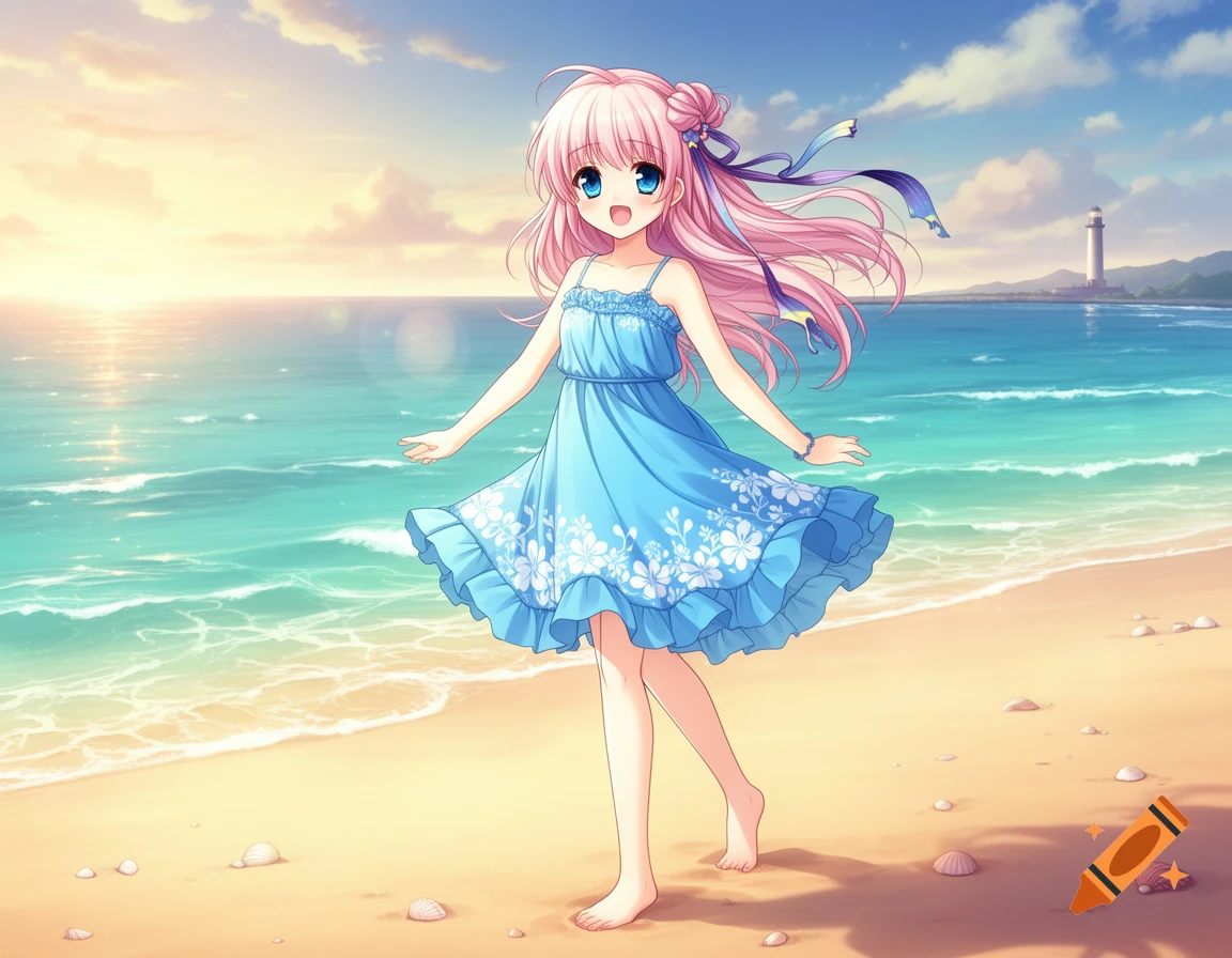Anime girl with pink hair in a blue dress stands barefoot on a beach with ocean waves and a lighthouse at sunset.