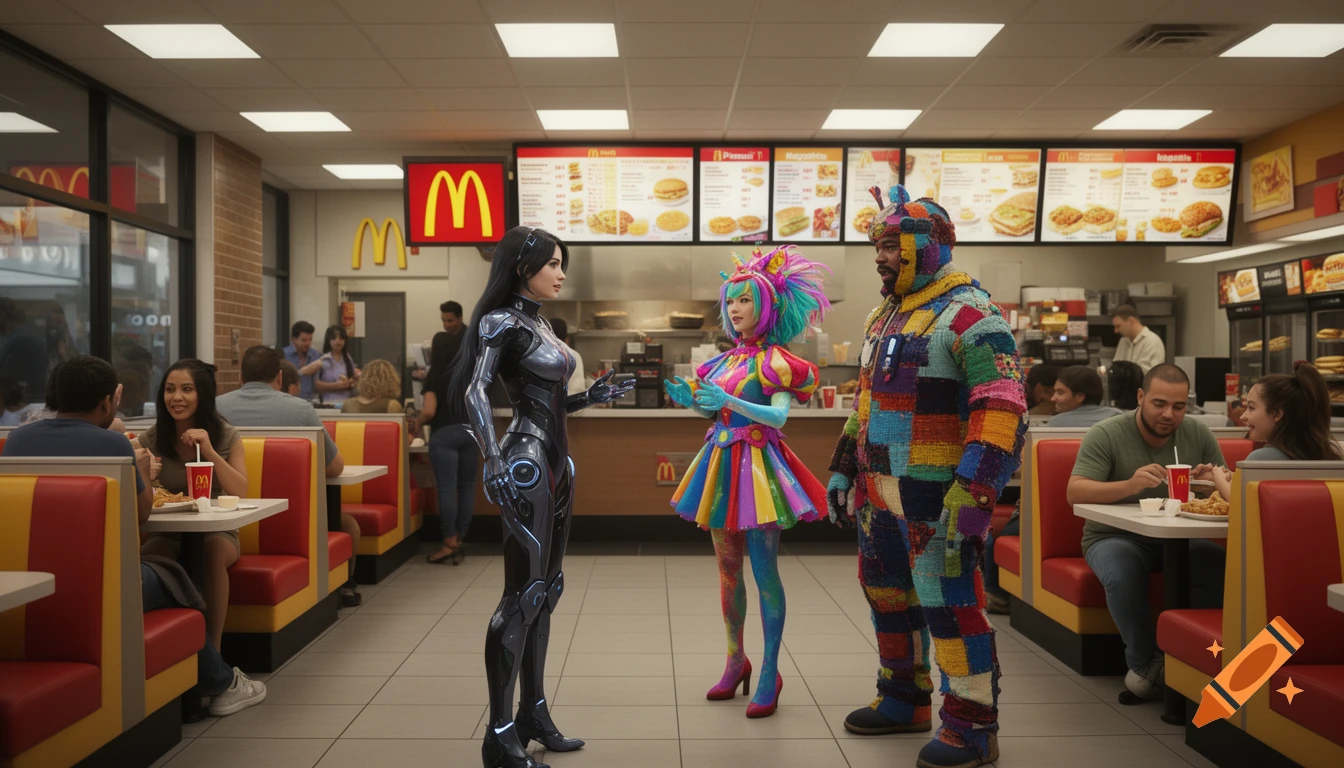 Three costumed characters, one in silver armor, one in colorful clown attire, and one in a patchwork suit, stand inside a McDonald's restaurant while other customers dine.