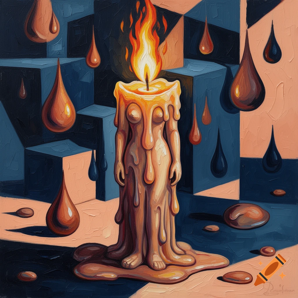 A cubist oil painting depicts a melting candle in the shape of an abstract woman's body, surrounded by dripping wax and geometric blocks in blue and peach tones.