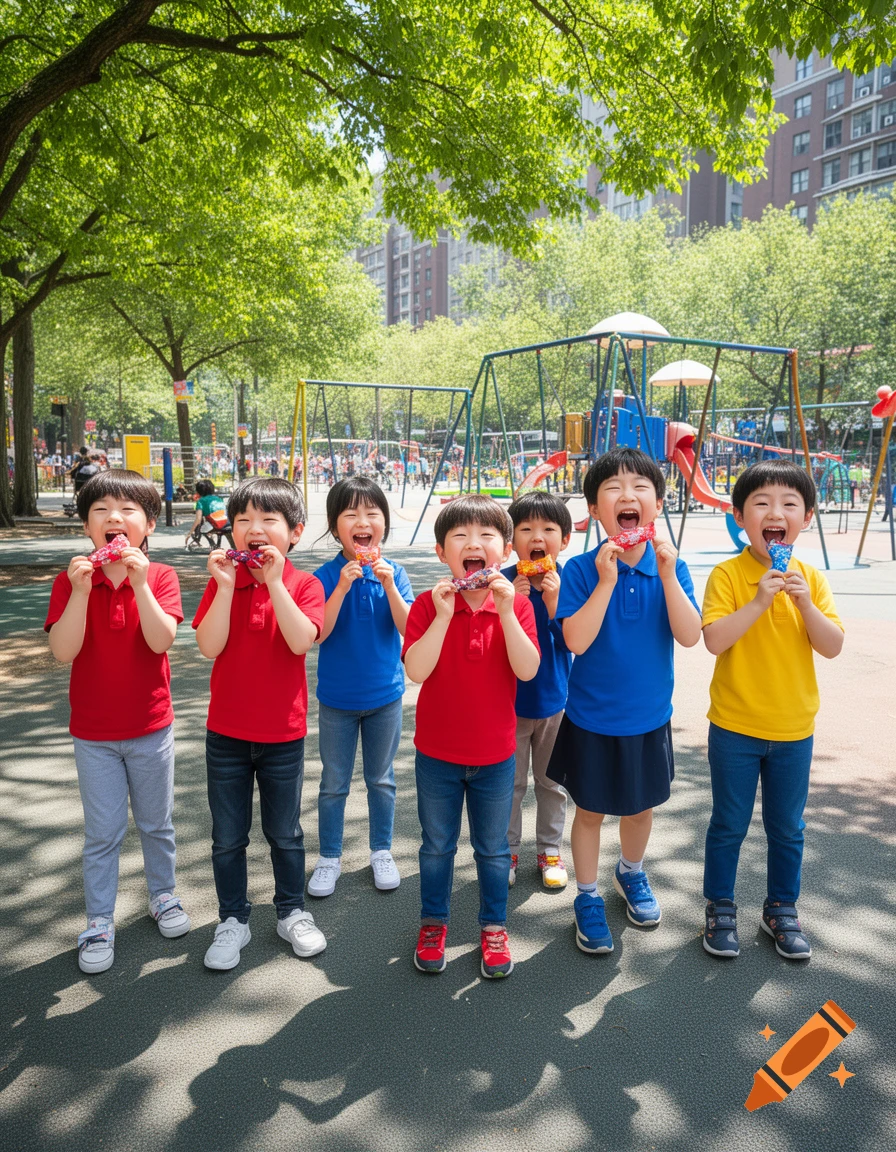 A group of happy young children eating candy in a sunny playground.