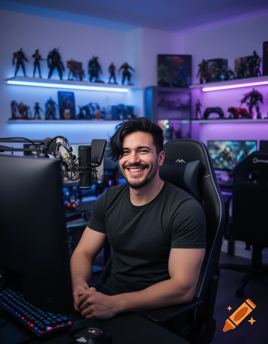 A smiling man sits in a black gaming chair at a desk with a microphone and keyboard, in a room with shelves of collectibles lit by blue and purple LEDs.