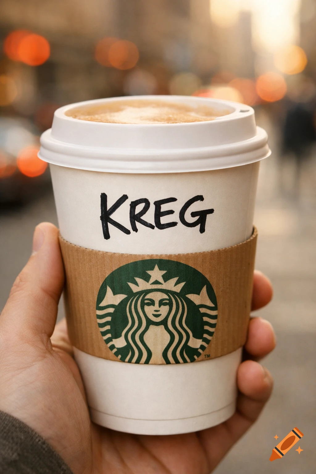 A hand holds a Starbucks coffee cup with the name "KREG" badly written on it, against a blurred city background.