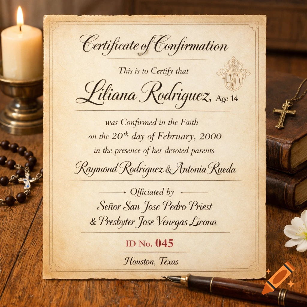 A vintage-style Certificate of Confirmation on a wooden table, flanked by a lit candle, rosary beads, books with a cross, and a fountain pen.