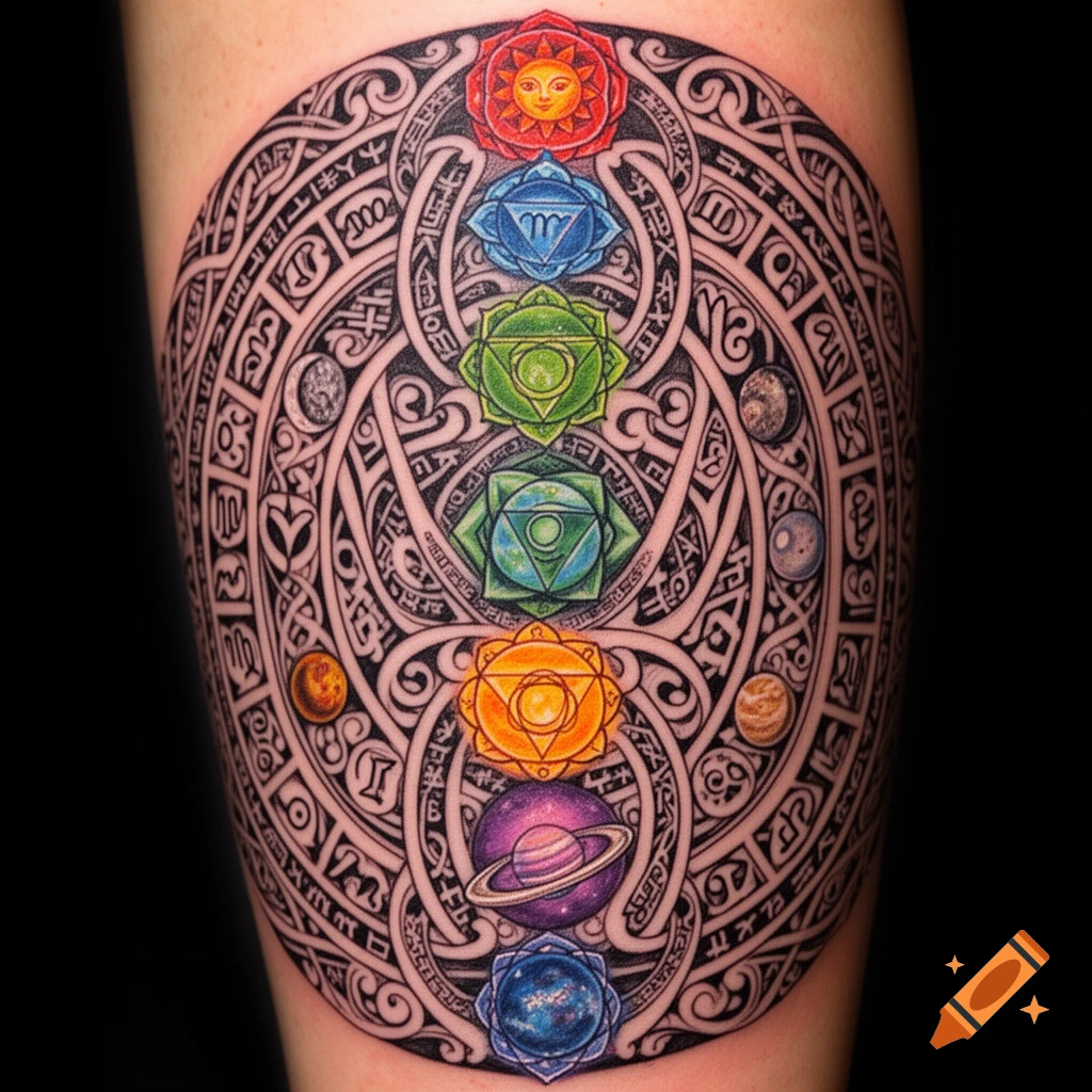 An intricate circular tattoo on skin, blending Maori-like knotwork, cuneiform-style symbols, and astrological elements. It features seven colorful chakra symbols down the center, surrounded by small planets and abstract zodiac-like script.