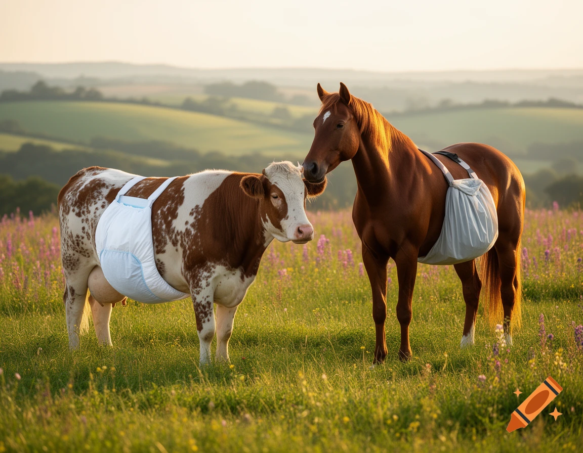 A brown and white cow in a diaper stands next to a brown horse with a grey bag, in a sunny field with flowers and hills.
