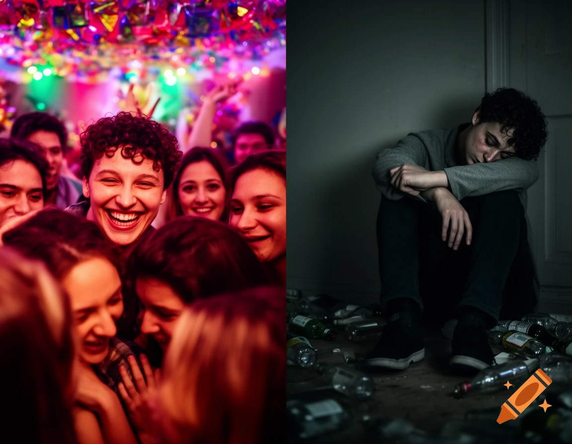 Split image showing a person smiling at a lively party, contrasted with the same person looking dejected among empty bottles.