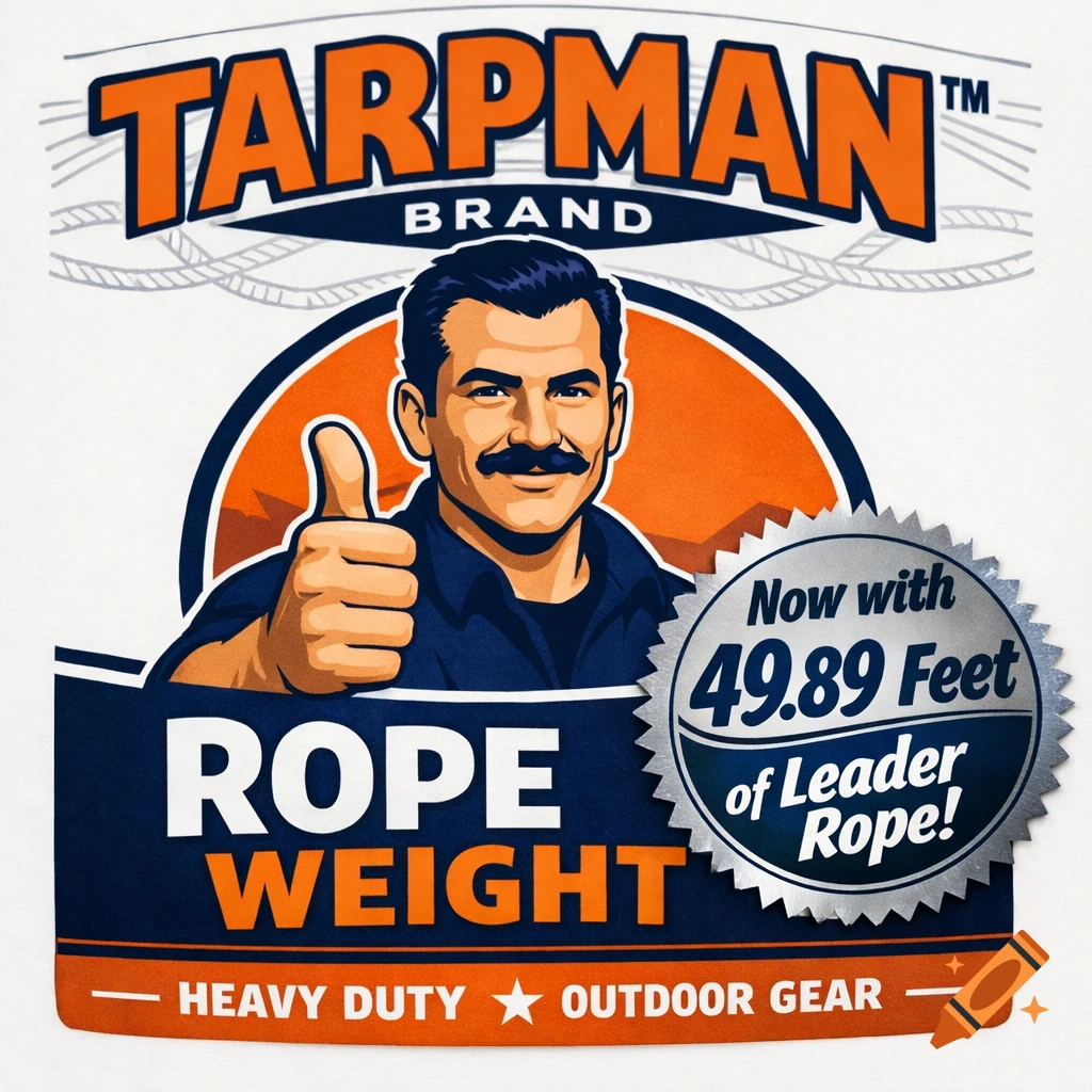 A retro-style product label for Tarpman Brand rope weight, featuring an illustrated man with a mustache giving a thumbs up. A metallic sticker reads "Now with 49.89 Feet of Leader Rope!"