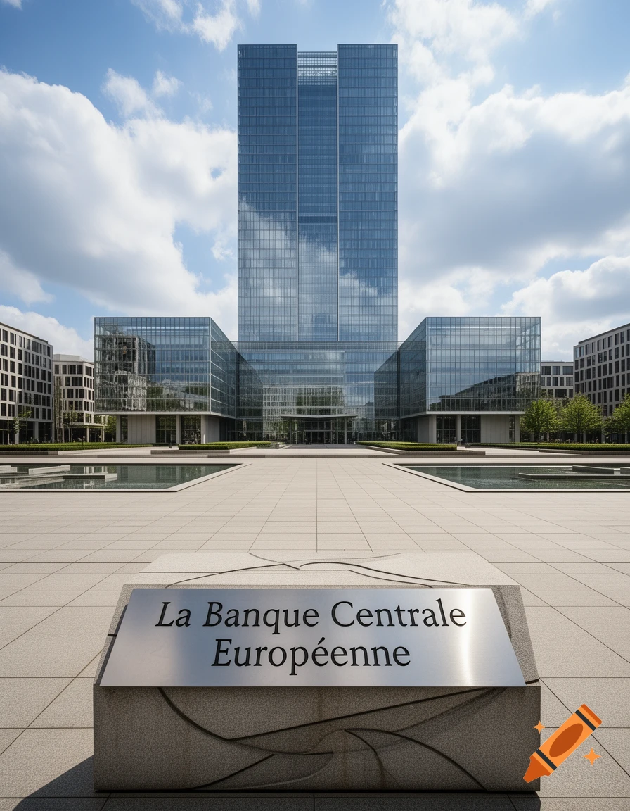 The European Central Bank, a modern glass skyscraper, with 'La Banque Centrale Européenne' on a stone sign.