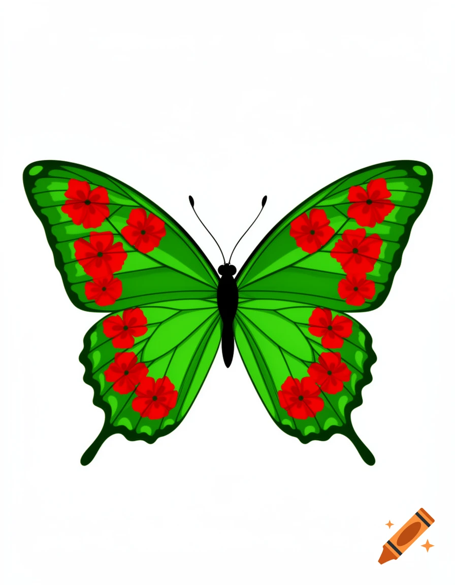 A green-winged butterfly with red flowers patterned on its wings, depicted in a clipart style against a white background.