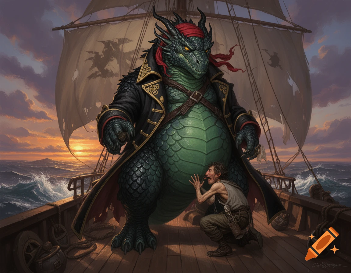A large green dragon pirate in a black coat stands on a ship deck over a cowering man listening to its belly, at sunset.