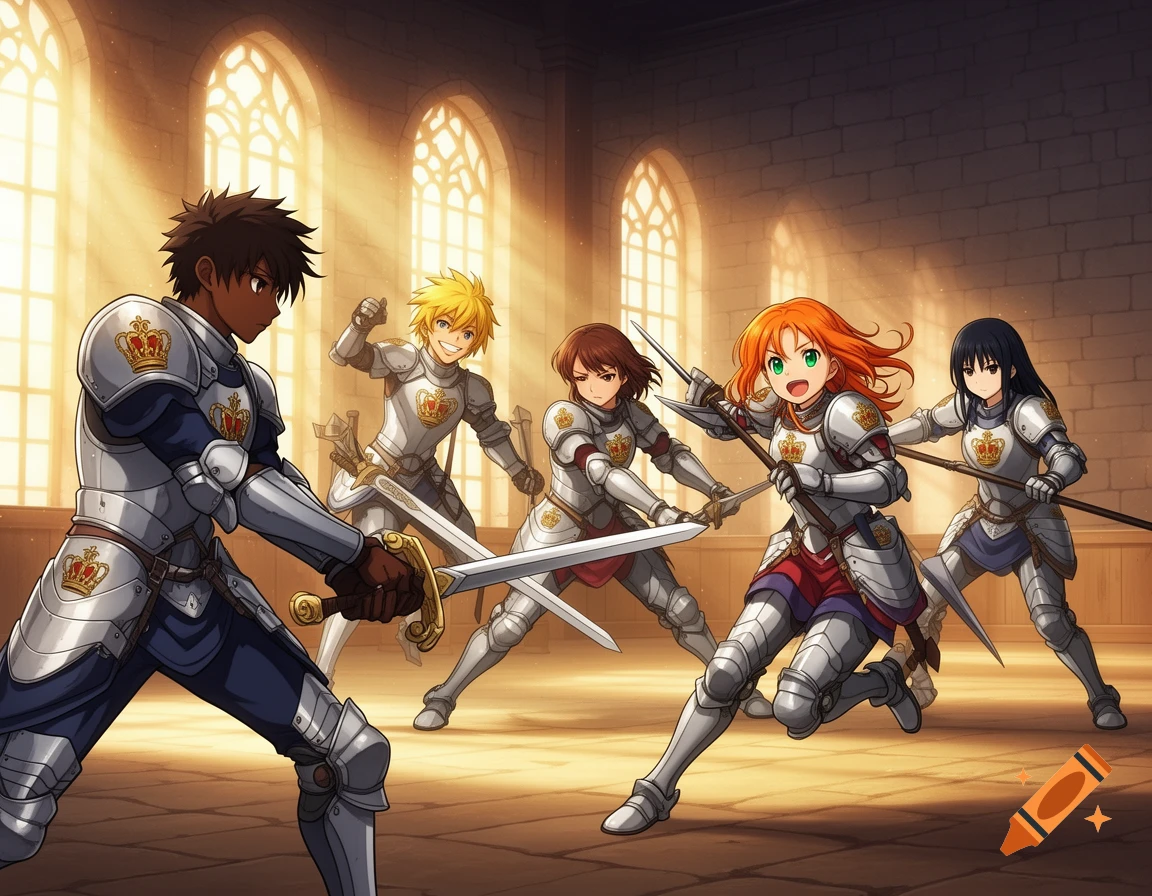 Anime-style knights in gleaming armor train in a sunlit castle hall, wielding swords and spears with various expressions.