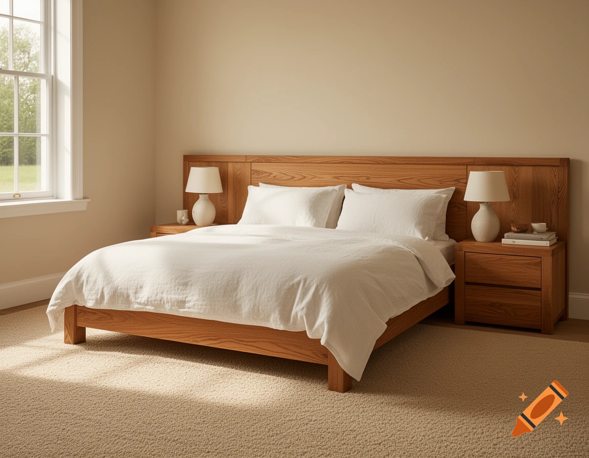 A cozy bedroom with an oak bed, headboard, and integrated nightstands. White bedding, a window on the left, and sunlight on the carpeted floor.