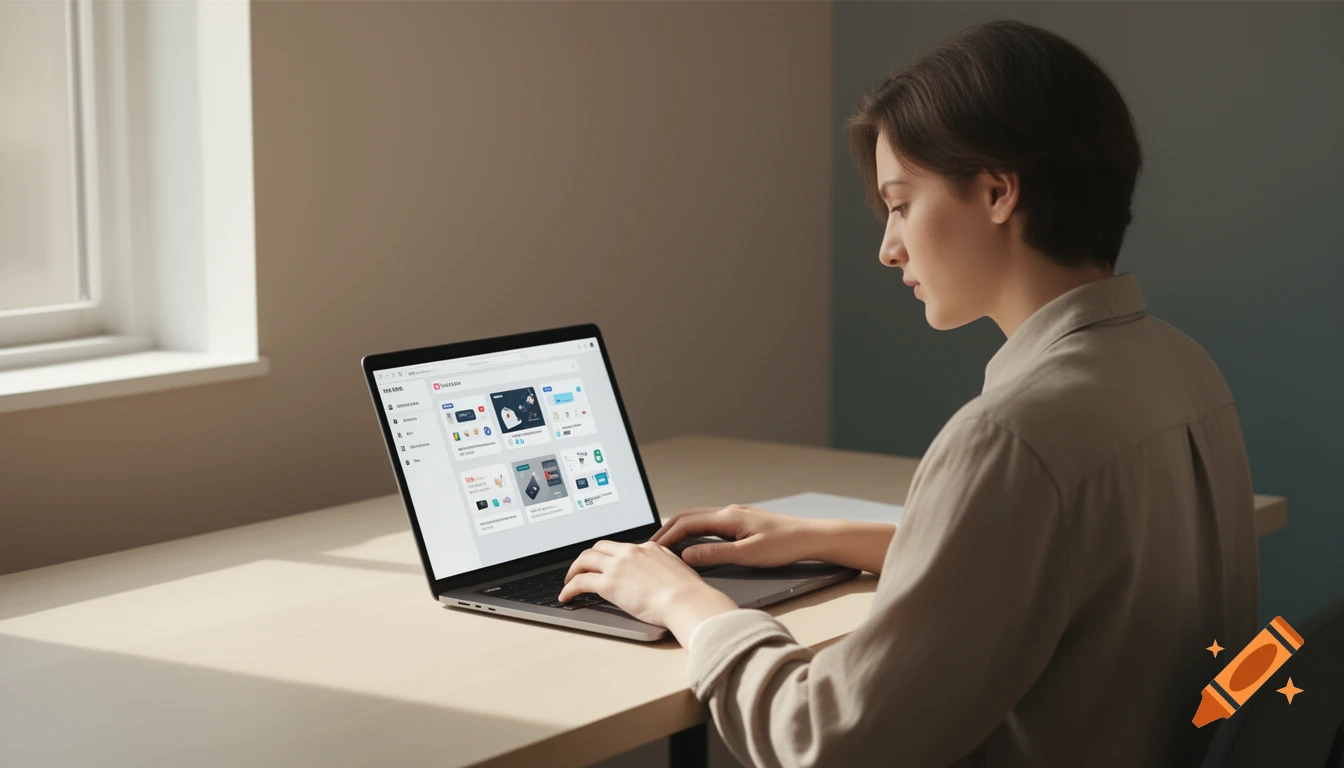 A young person in a beige shirt typing on a laptop at a minimalist wooden desk near a window, lit by soft natural light.