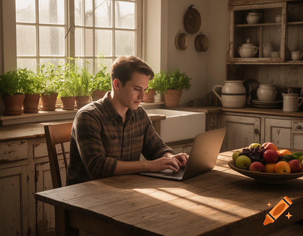 A man in a plaid shirt works on a laptop at a rustic wooden table in a sunlit farmhouse kitchen.