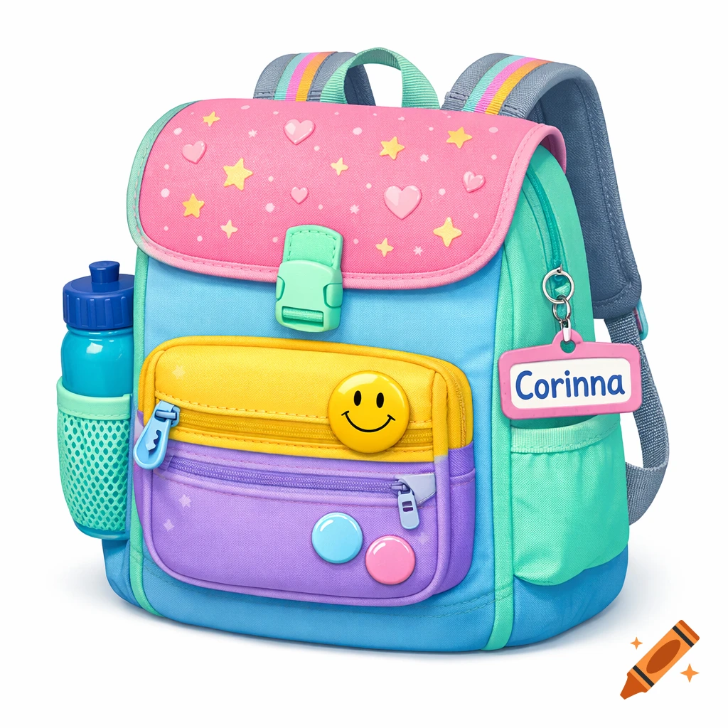 A colorful child's school backpack in pastel blue, mint green, and pink, decorated with hearts, stars, and a smiley badge. A nametag reads 'Corinna'.